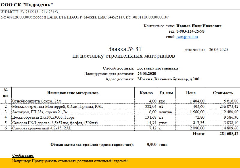 Заявка на заказ транспортного средства образец