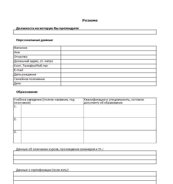 Анкета резюме для устройства на работу образец