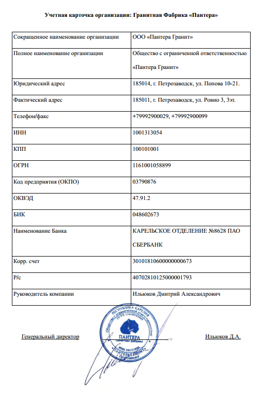 Карточка компании образец ип образец