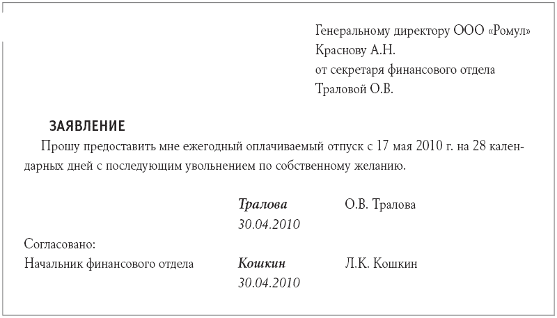 Отпуск за свой счет с последующим увольнением по собственному желанию образец