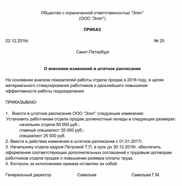 Образец приказа об утверждении штатного расписания в связи с индексацией